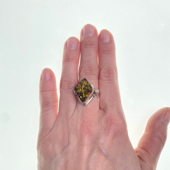 Polish Baltic Amber Ring 925 Sterling Silver Diamond Shape Size 7 Statement - Picture 2 of 12